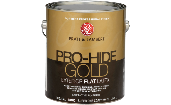 Pratt & Lambert Pro-Hide Gold Latex Flat Exterior House Paint, Super One-Coat White, 1 Gal. Pratt & Lambert Pro-Hide Gold Latex Flat Exterior House Paint, Super One-Coat White, 1 Gal.